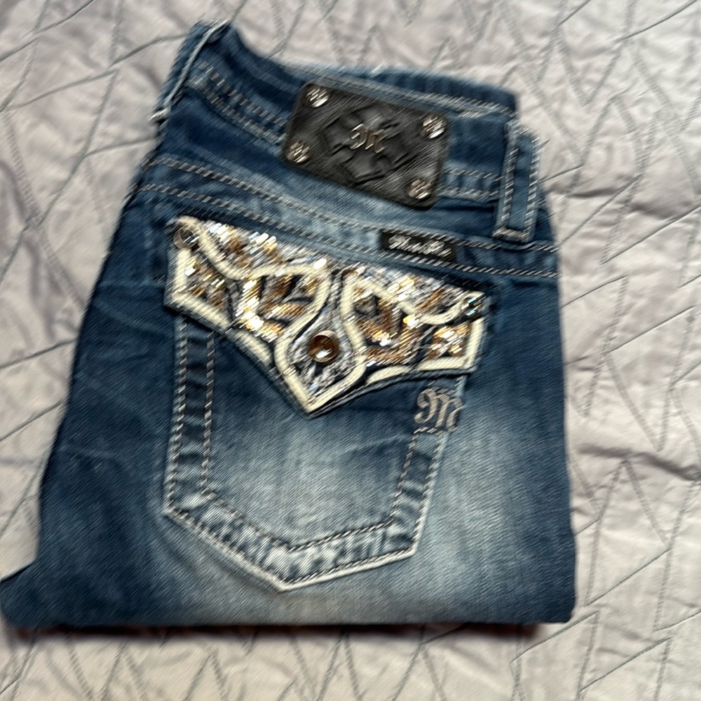 Miss Me Metallic Sequin & Leather Chainmail-look Mid-rise Easy Skinny Sz 28